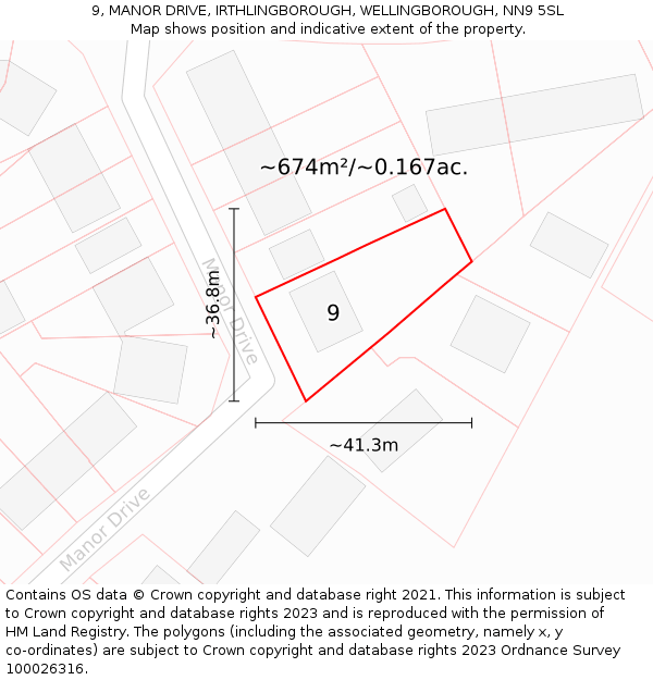 9, MANOR DRIVE, IRTHLINGBOROUGH, WELLINGBOROUGH, NN9 5SL: Plot and title map