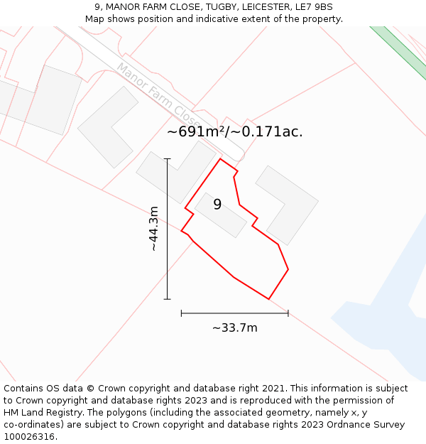 9, MANOR FARM CLOSE, TUGBY, LEICESTER, LE7 9BS: Plot and title map