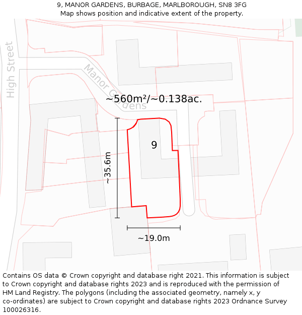 9, MANOR GARDENS, BURBAGE, MARLBOROUGH, SN8 3FG: Plot and title map