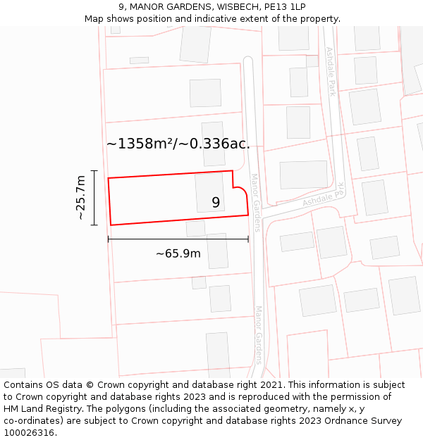 9, MANOR GARDENS, WISBECH, PE13 1LP: Plot and title map