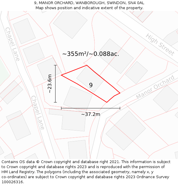 9, MANOR ORCHARD, WANBOROUGH, SWINDON, SN4 0AL: Plot and title map