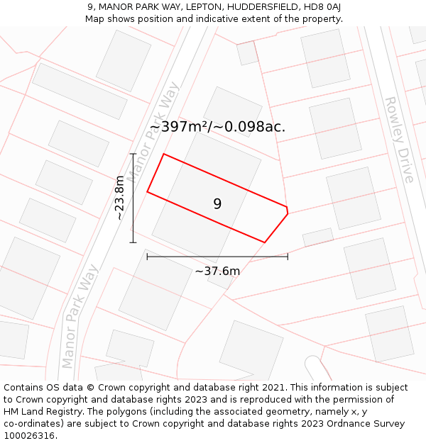 9, MANOR PARK WAY, LEPTON, HUDDERSFIELD, HD8 0AJ: Plot and title map