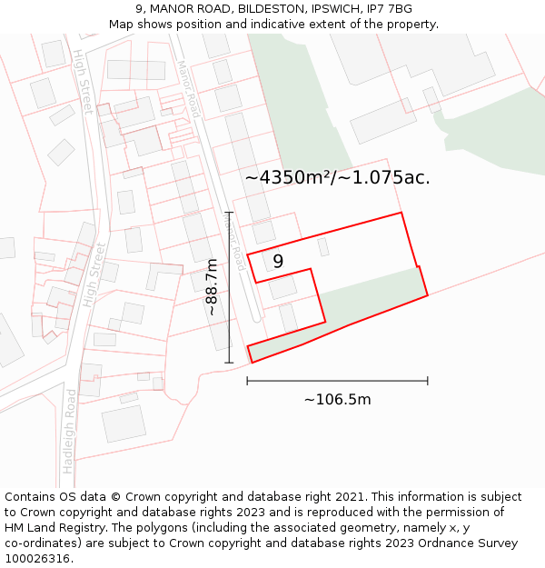 9, MANOR ROAD, BILDESTON, IPSWICH, IP7 7BG: Plot and title map