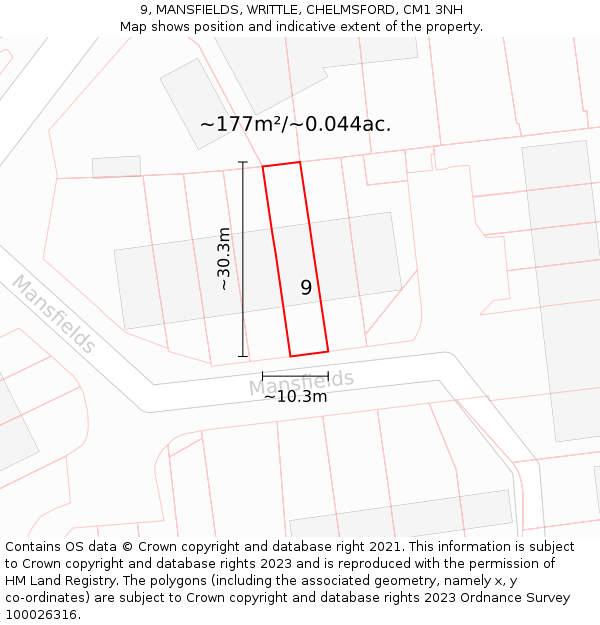 9, MANSFIELDS, WRITTLE, CHELMSFORD, CM1 3NH: Plot and title map