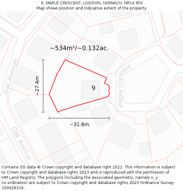 9, MAPLE CRESCENT, LODDON, NORWICH, NR14 6FX: Plot and title map