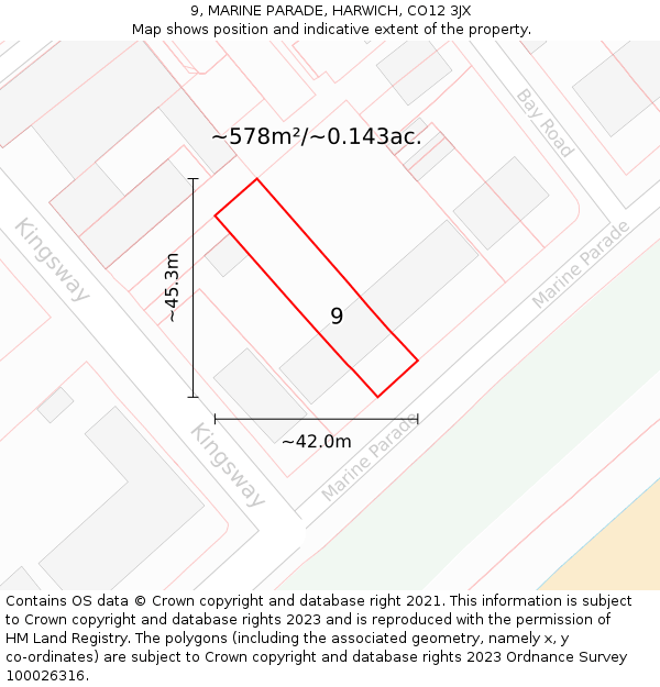 9, MARINE PARADE, HARWICH, CO12 3JX: Plot and title map