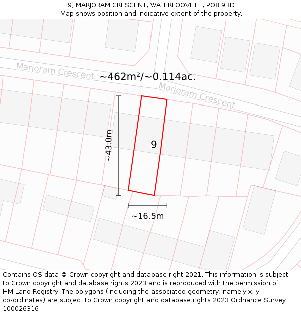 9, MARJORAM CRESCENT, WATERLOOVILLE, PO8 9BD: Plot and title map