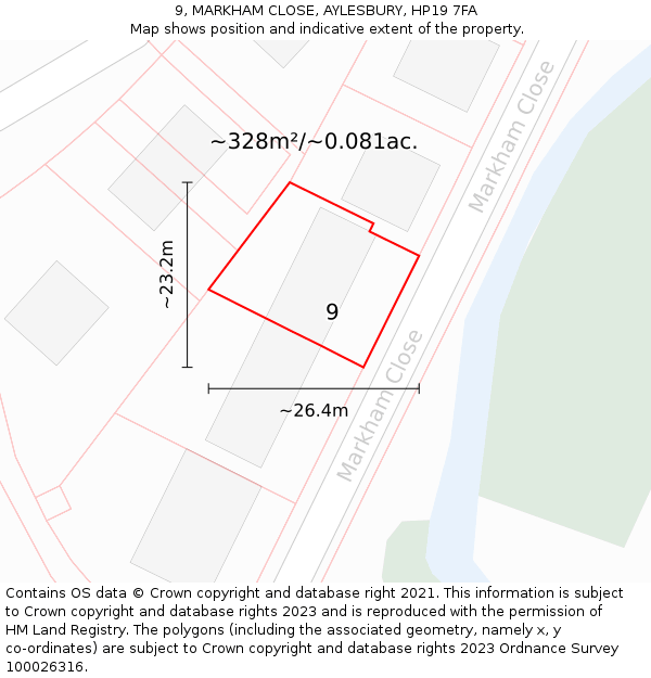 9, MARKHAM CLOSE, AYLESBURY, HP19 7FA: Plot and title map