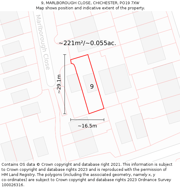 9, MARLBOROUGH CLOSE, CHICHESTER, PO19 7XW: Plot and title map