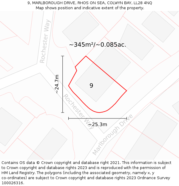 9, MARLBOROUGH DRIVE, RHOS ON SEA, COLWYN BAY, LL28 4NQ: Plot and title map