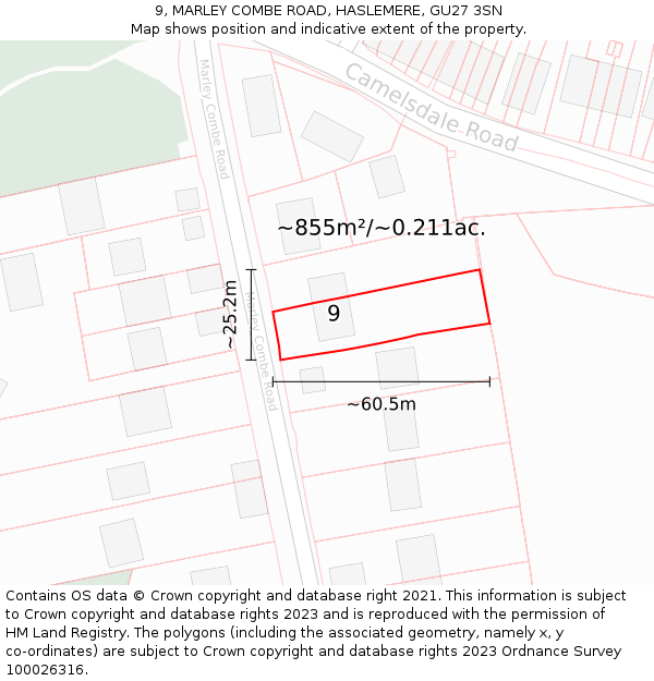 9, MARLEY COMBE ROAD, HASLEMERE, GU27 3SN: Plot and title map