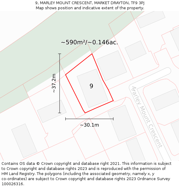 9, MARLEY MOUNT CRESCENT, MARKET DRAYTON, TF9 3PJ: Plot and title map