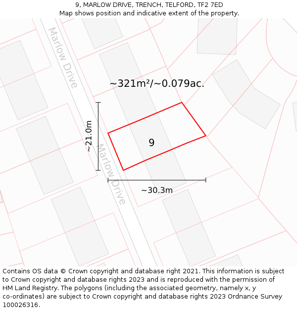 9, MARLOW DRIVE, TRENCH, TELFORD, TF2 7ED: Plot and title map