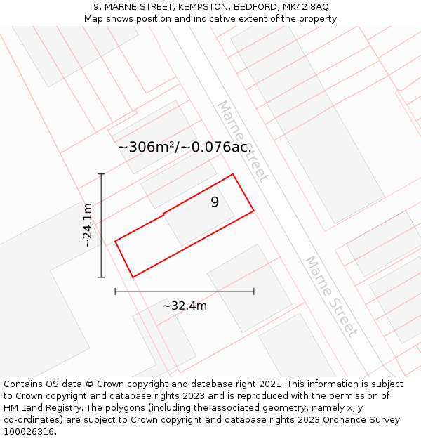 9, MARNE STREET, KEMPSTON, BEDFORD, MK42 8AQ: Plot and title map