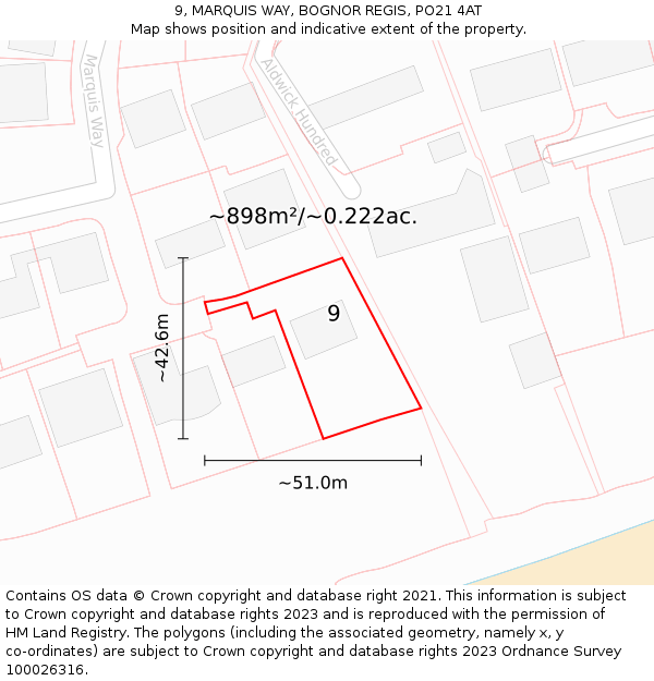 9, MARQUIS WAY, BOGNOR REGIS, PO21 4AT: Plot and title map