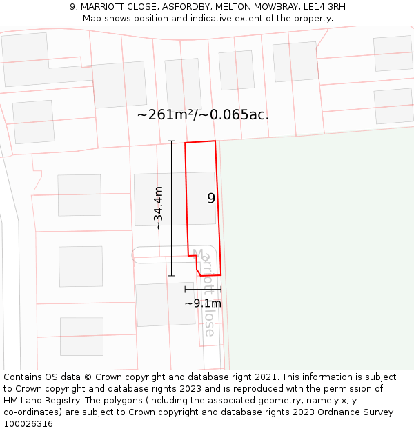 9, MARRIOTT CLOSE, ASFORDBY, MELTON MOWBRAY, LE14 3RH: Plot and title map