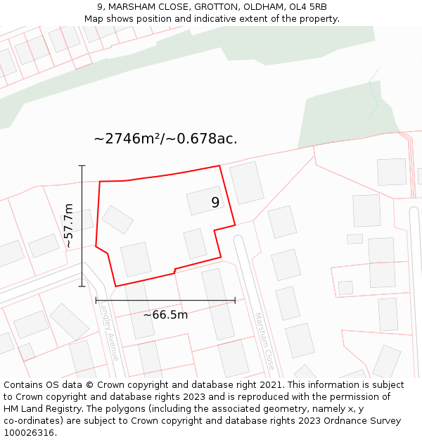 9, MARSHAM CLOSE, GROTTON, OLDHAM, OL4 5RB: Plot and title map