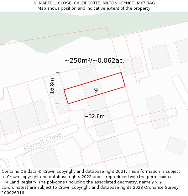 9, MARTELL CLOSE, CALDECOTTE, MILTON KEYNES, MK7 8AG: Plot and title map