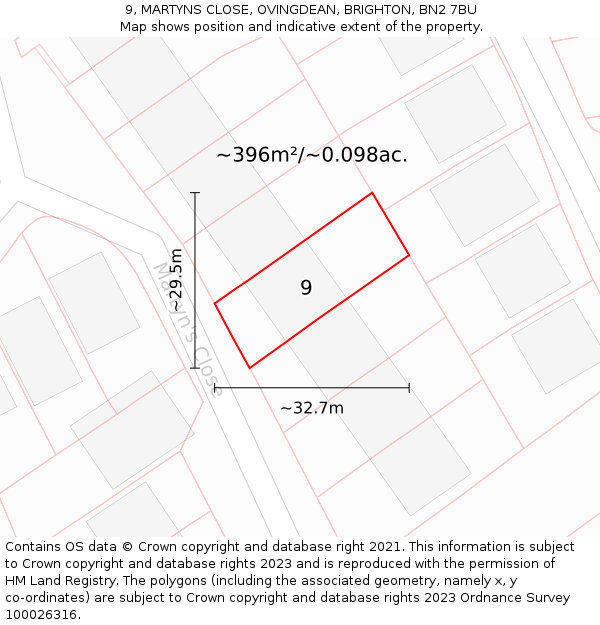 9, MARTYNS CLOSE, OVINGDEAN, BRIGHTON, BN2 7BU: Plot and title map