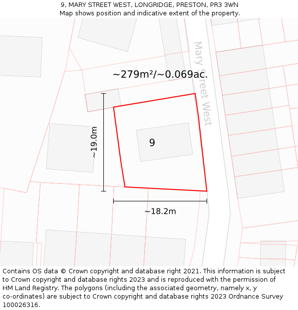 9, MARY STREET WEST, LONGRIDGE, PRESTON, PR3 3WN: Plot and title map