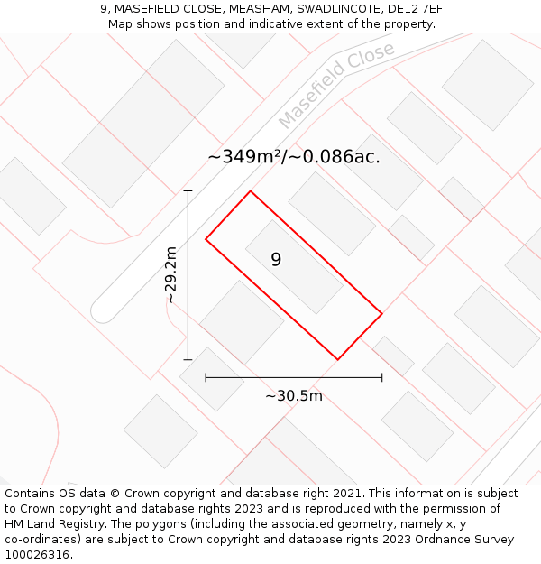9, MASEFIELD CLOSE, MEASHAM, SWADLINCOTE, DE12 7EF: Plot and title map