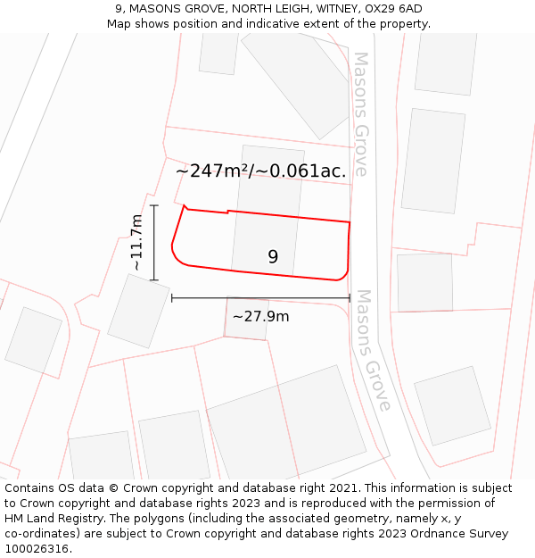 9, MASONS GROVE, NORTH LEIGH, WITNEY, OX29 6AD: Plot and title map