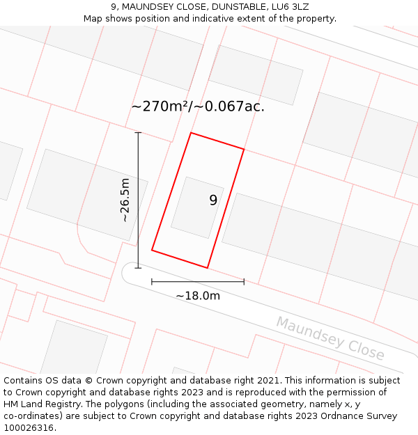 9, MAUNDSEY CLOSE, DUNSTABLE, LU6 3LZ: Plot and title map