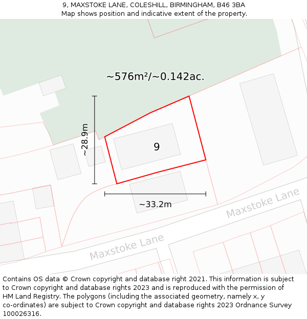 9, MAXSTOKE LANE, COLESHILL, BIRMINGHAM, B46 3BA: Plot and title map