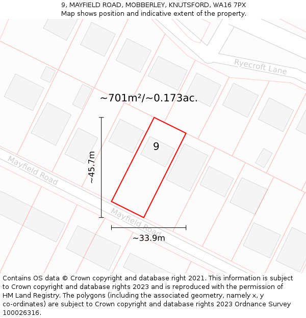 9, MAYFIELD ROAD, MOBBERLEY, KNUTSFORD, WA16 7PX: Plot and title map