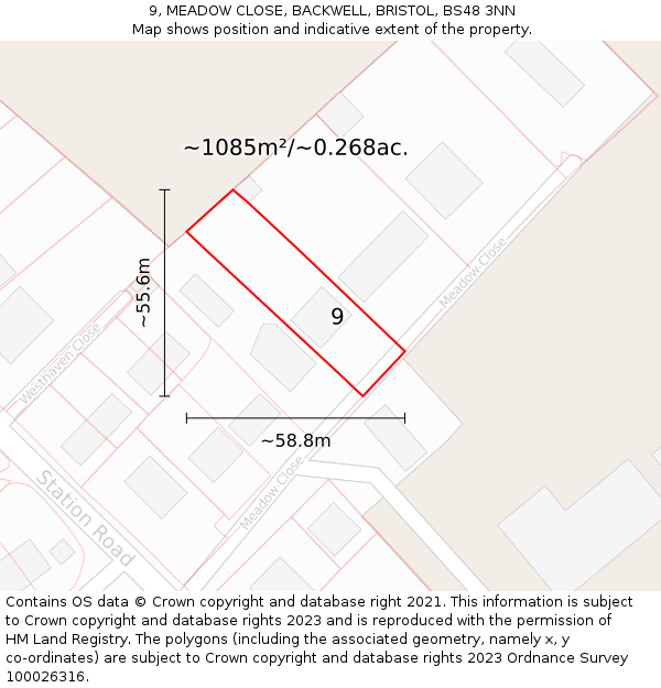 9, MEADOW CLOSE, BACKWELL, BRISTOL, BS48 3NN: Plot and title map