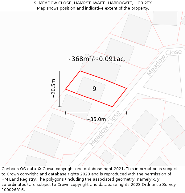 9, MEADOW CLOSE, HAMPSTHWAITE, HARROGATE, HG3 2EX: Plot and title map