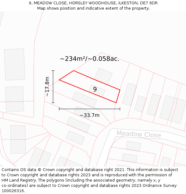 9, MEADOW CLOSE, HORSLEY WOODHOUSE, ILKESTON, DE7 6DR: Plot and title map