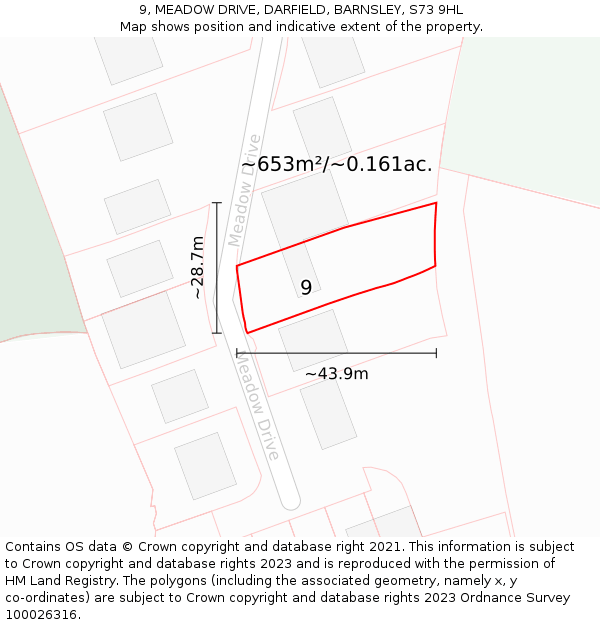 9, MEADOW DRIVE, DARFIELD, BARNSLEY, S73 9HL: Plot and title map