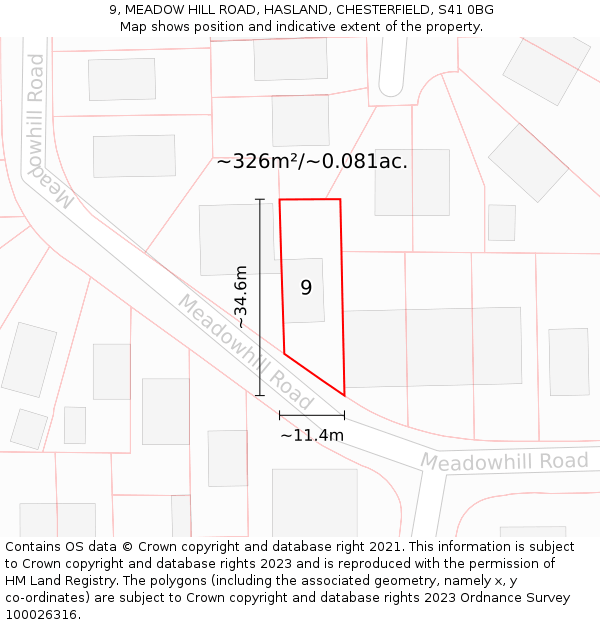 9, MEADOW HILL ROAD, HASLAND, CHESTERFIELD, S41 0BG: Plot and title map