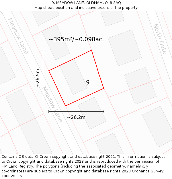 9, MEADOW LANE, OLDHAM, OL8 3AQ: Plot and title map