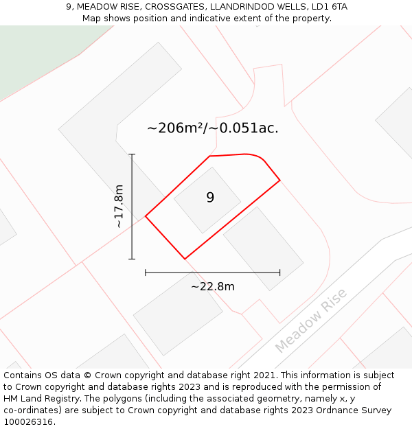 9, MEADOW RISE, CROSSGATES, LLANDRINDOD WELLS, LD1 6TA: Plot and title map