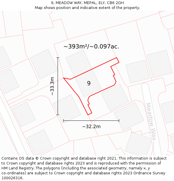 9, MEADOW WAY, MEPAL, ELY, CB6 2GH: Plot and title map