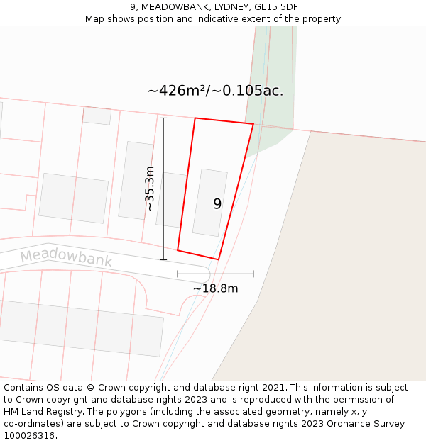 9, MEADOWBANK, LYDNEY, GL15 5DF: Plot and title map