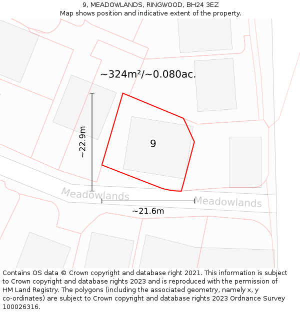 9, MEADOWLANDS, RINGWOOD, BH24 3EZ: Plot and title map