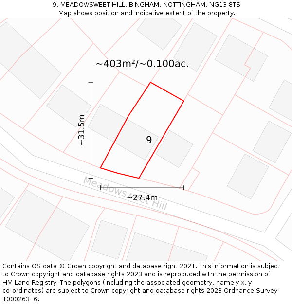 9, MEADOWSWEET HILL, BINGHAM, NOTTINGHAM, NG13 8TS: Plot and title map