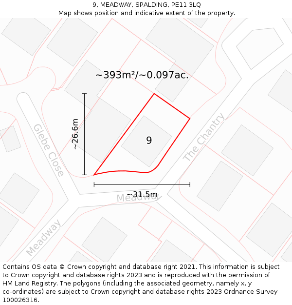 9, MEADWAY, SPALDING, PE11 3LQ: Plot and title map