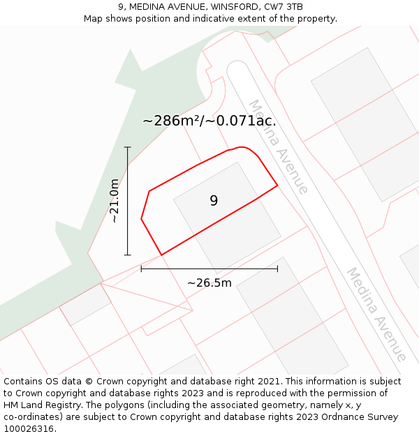 9, MEDINA AVENUE, WINSFORD, CW7 3TB: Plot and title map