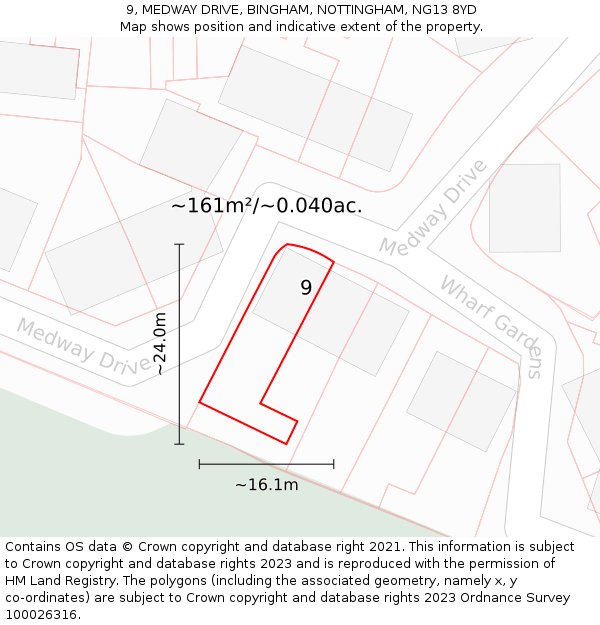 9, MEDWAY DRIVE, BINGHAM, NOTTINGHAM, NG13 8YD: Plot and title map