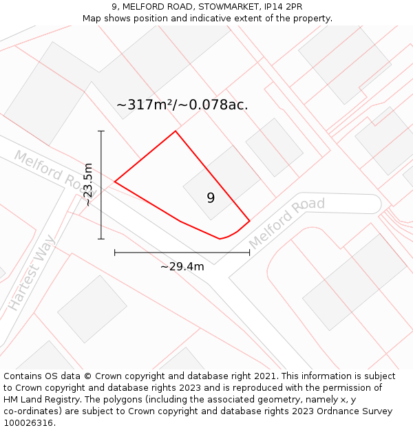 9, MELFORD ROAD, STOWMARKET, IP14 2PR: Plot and title map