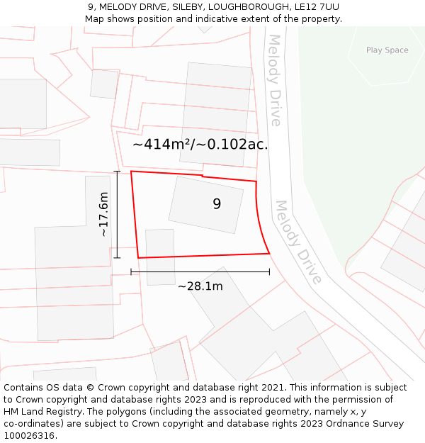 9, MELODY DRIVE, SILEBY, LOUGHBOROUGH, LE12 7UU: Plot and title map