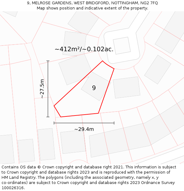 9, MELROSE GARDENS, WEST BRIDGFORD, NOTTINGHAM, NG2 7FQ: Plot and title map