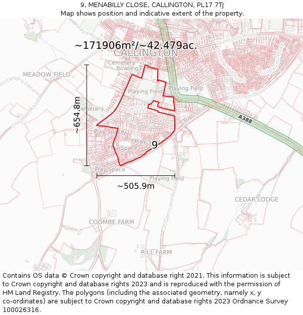 9, MENABILLY CLOSE, CALLINGTON, PL17 7TJ: Plot and title map