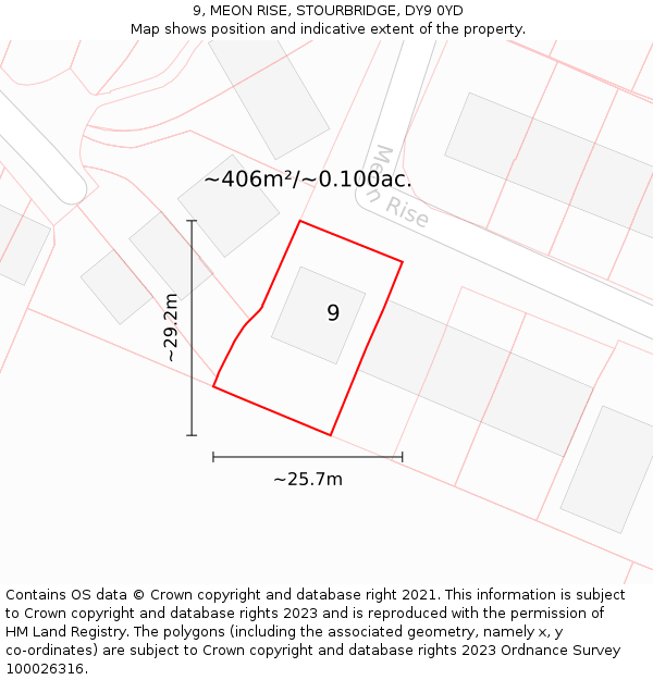 9, MEON RISE, STOURBRIDGE, DY9 0YD: Plot and title map