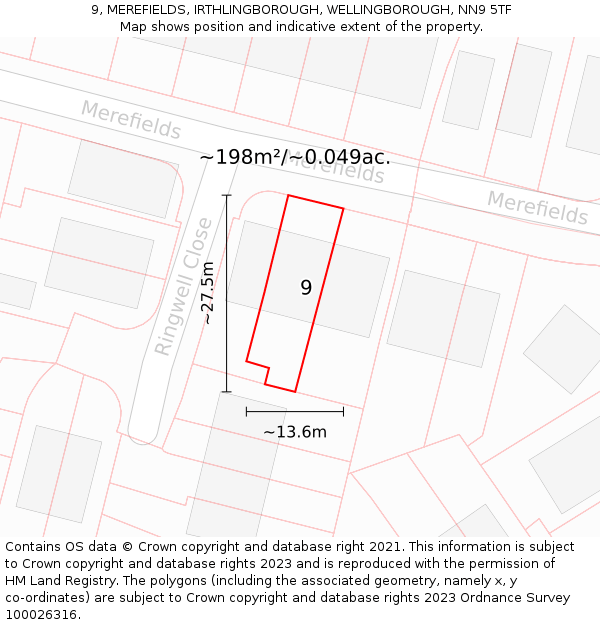 9, MEREFIELDS, IRTHLINGBOROUGH, WELLINGBOROUGH, NN9 5TF: Plot and title map