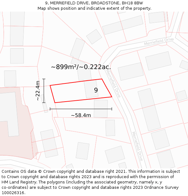 9, MERRIEFIELD DRIVE, BROADSTONE, BH18 8BW: Plot and title map